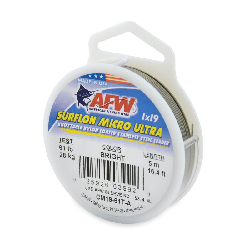 AFW American Fishing Wire Surflon Micro Ultra, Nylon Coated 1x19 Stainless Steel Leader Wire, 61 lb Test, .030" Diameter, Bright, 5 m - Image 1